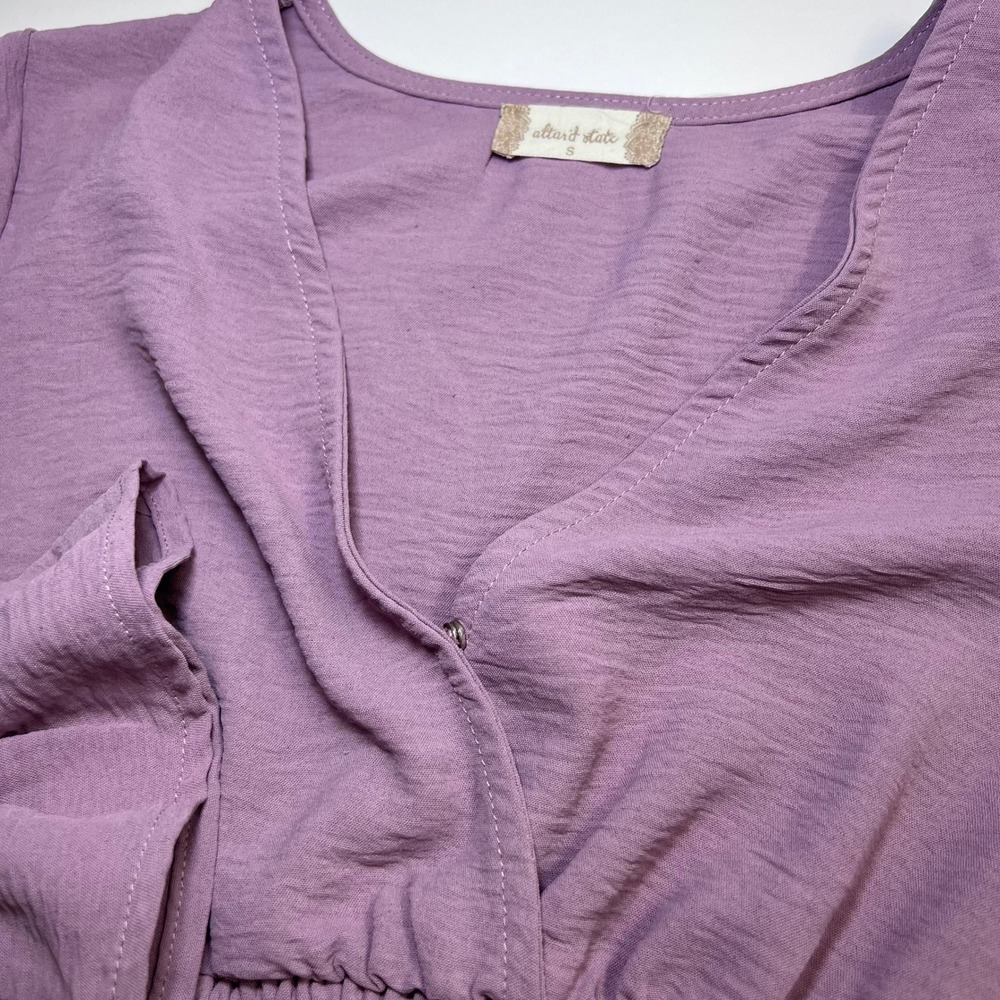 Altar'd State Crop Top Small Purple V Neckline Smocked Waist Ruffle Long Sleeve - Picture 10 of 12